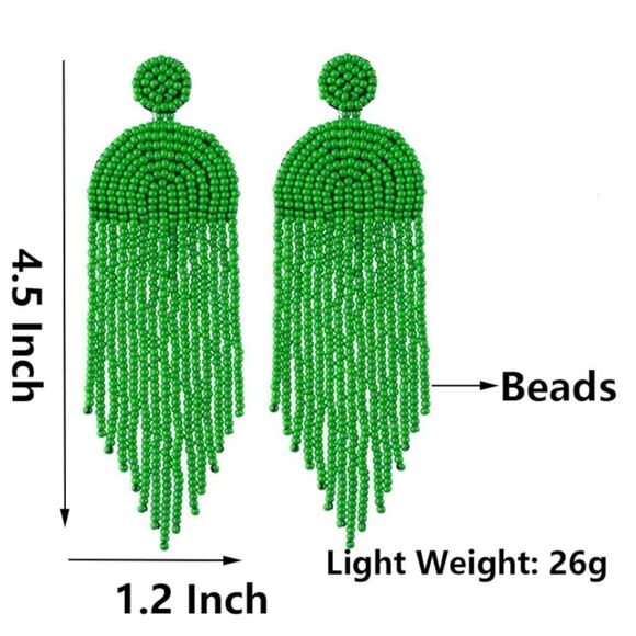 Long Boho Green Beaded Tassel Fringe Dangling Drop Fan Chandelier Post Earrings - Picture 3 of 7